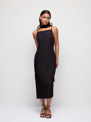 Square Neck Split Straight Midi Dress With Scarf