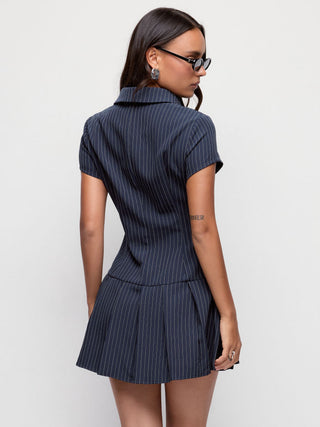 Striped Pleated Zip Up A-line Mini Dress