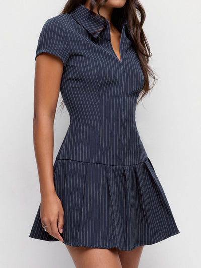 Striped Pleated Zip Up A-line Mini Dress