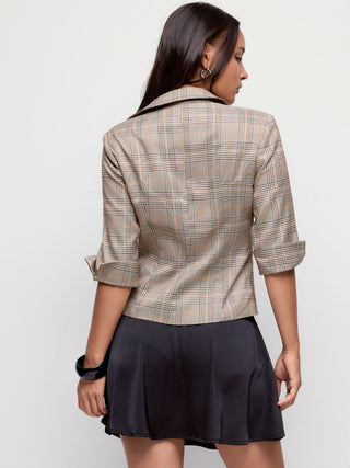 Plaid Notched Collar Mid-length Sleeve Button Through Ruched Blouse