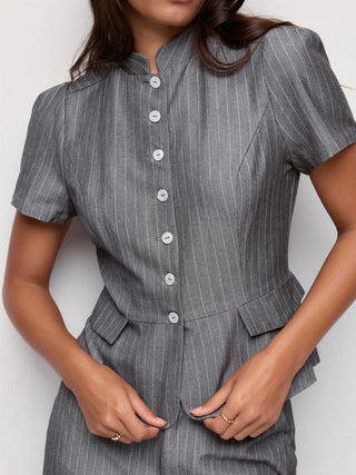 Striped Stand Collar Puff Sleeve Button Through Peplum Blouse