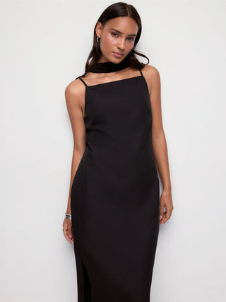 Square Neck Split Straight Midi Dress With Scarf