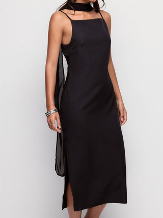Square Neck Split Straight Midi Dress With Scarf