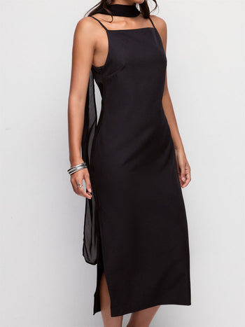 Square Neck Split Straight Midi Dress With Scarf