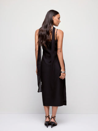 Square Neck Split Straight Midi Dress With Scarf