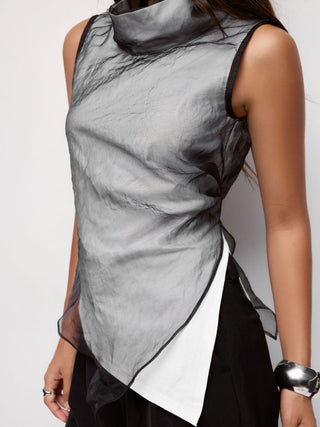 Cotton High Neck Asymmetrical Textured See-through Tank Blouse