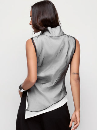 Cotton High Neck Asymmetrical Textured See-through Tank Blouse