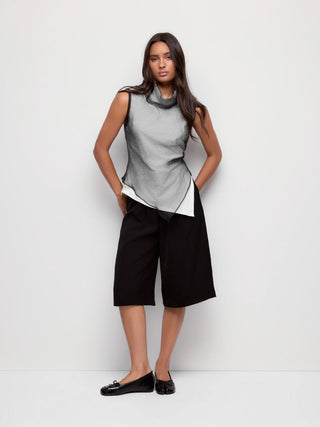 Cotton High Neck Asymmetrical Textured See-through Tank Blouse