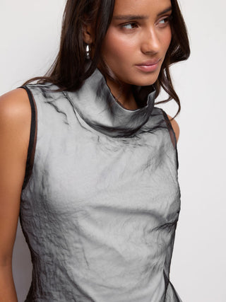 Cotton High Neck Asymmetrical Textured See-through Tank Blouse