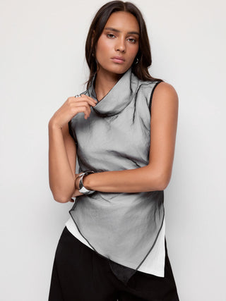 Cotton High Neck Asymmetrical Textured See-through Tank Blouse
