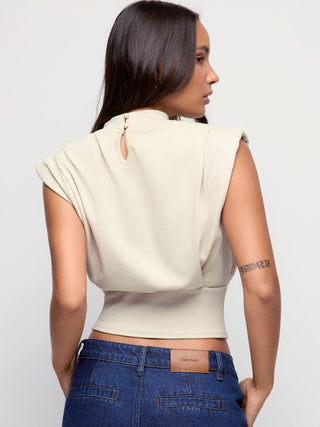 Cotton-blend High Neck Padded Shoulder Corset Tank Top