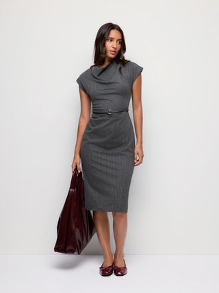 Striped Cowl Neck Belted Ruched Straight Midi Dress