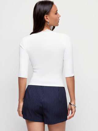 V-neck Mid-length Sleeve Scalloped Lace Trim Tee
