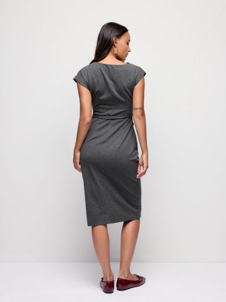 Striped Cowl Neck Belted Ruched Straight Midi Dress