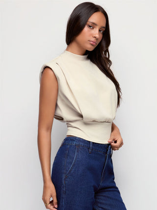 Cotton-blend High Neck Padded Shoulder Corset Tank Top