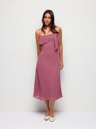 Chiffon Asymmetrical Neck Twist Knotted A-line Midi Dress
