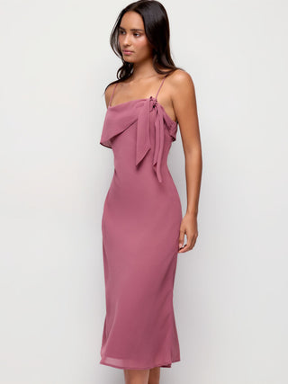Chiffon Asymmetrical Neck Twist Knotted A-line Midi Dress