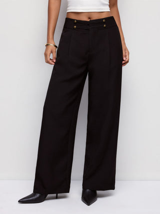 Low Rise Pleated Metal Detail Straight Leg Trousers