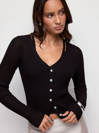 Knit V-neck Button Through Long Sleeve Top