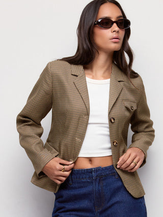 Houndstooth Notched Collar Longline Blazer