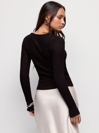 Knit V-neck Button Through Long Sleeve Top