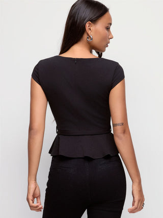 Scoop Neck Ruffled Peplum Belted Metal Detail Top
