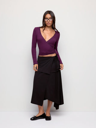 High Stretch V-neck Lace Trim Knotted Top