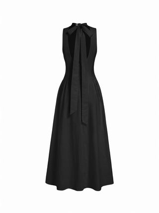Cotton High Neck Backless Bowknot A-line Maxi Dress