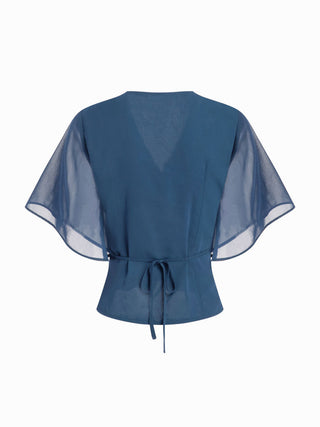 Chiffon V-neck Ruffle Sleeve Pleated Tie Back Blouse