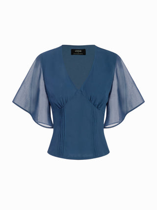 Chiffon V-neck Ruffle Sleeve Pleated Tie Back Blouse
