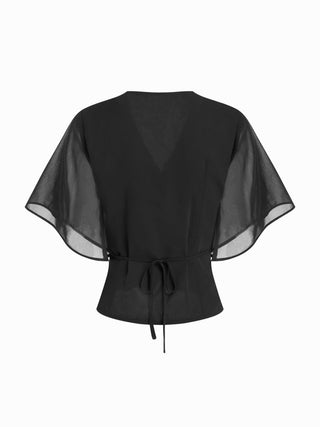 Chiffon V-neck Ruffle Sleeve Pleated Tie Back Blouse