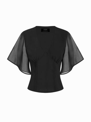 Chiffon V-neck Ruffle Sleeve Pleated Tie Back Blouse
