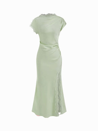 Satin Lace Trim Split Mermaid Maxi Dress