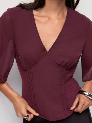 Chiffon V-neck Ruffle Sleeve Pleated Tie Back Blouse