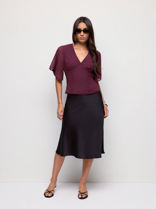 Chiffon V-neck Ruffle Sleeve Pleated Tie Back Blouse