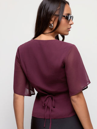 Chiffon V-neck Ruffle Sleeve Pleated Tie Back Blouse