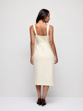 Square Neck Metal Detail Split Straight Midi Dress With Belt