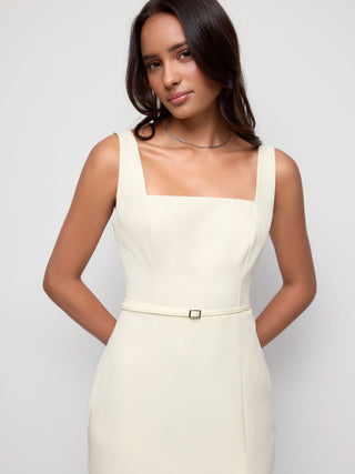 Square Neck Metal Detail Split Straight Midi Dress With Belt