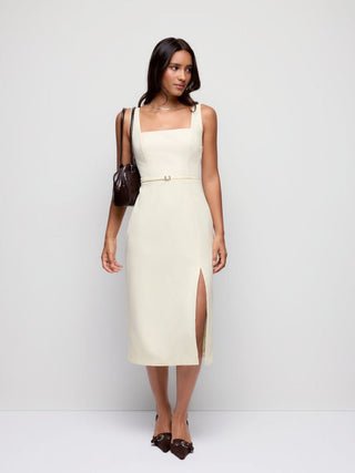 Square Neck Metal Detail Split Straight Midi Dress With Belt