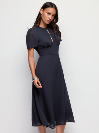 Chiffon Puff Sleeve Ruched Cut Out A-line Maxi Dress