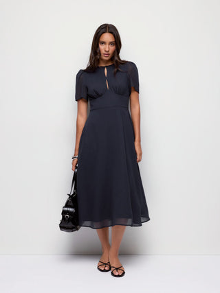 Chiffon Puff Sleeve Ruched Cut Out A-line Maxi Dress