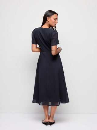 Chiffon Puff Sleeve Ruched Cut Out A-line Maxi Dress