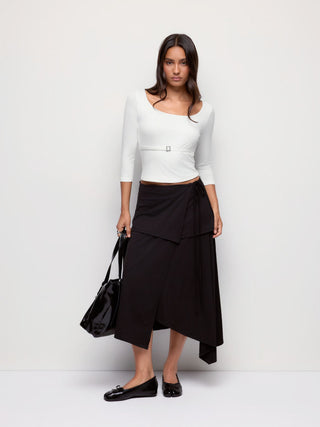 High Stretch Scoop Neck Middle Sleeve Metal Detail Slim Top With Belt
