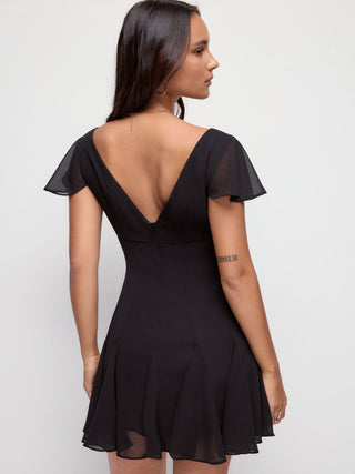 Chiffon Scoop Neck Ruffle Sleeve Pleated A-line Mini Dress