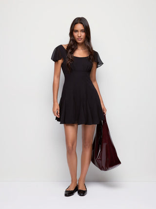 Chiffon Scoop Neck Ruffle Sleeve Pleated A-line Mini Dress