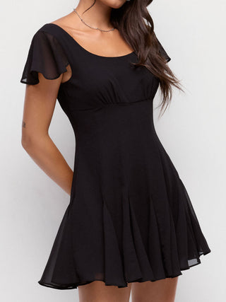 Chiffon Scoop Neck Ruffle Sleeve Pleated A-line Mini Dress