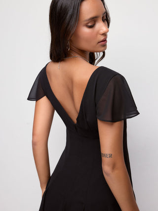 Chiffon Scoop Neck Ruffle Sleeve Pleated A-line Mini Dress