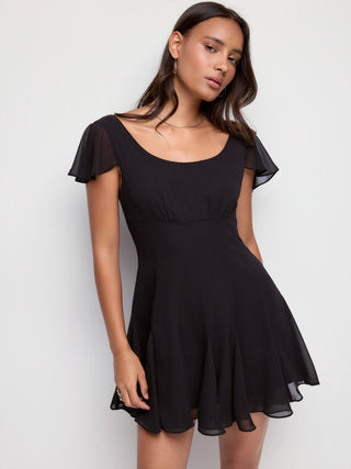 Chiffon Scoop Neck Ruffle Sleeve Pleated A-line Mini Dress