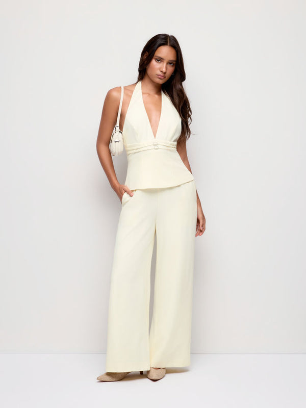 V-neck Backless Metal Detail Straight Leg Jumpsuit