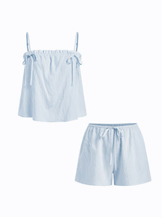 Linen-blend Stripe Bowknot Cami Top & Low Rise Shorts Set